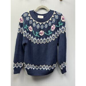 Ninon De Lenclos Sweater Women's Small‎ Blue Floral Vintage Knit Floral Cottage
